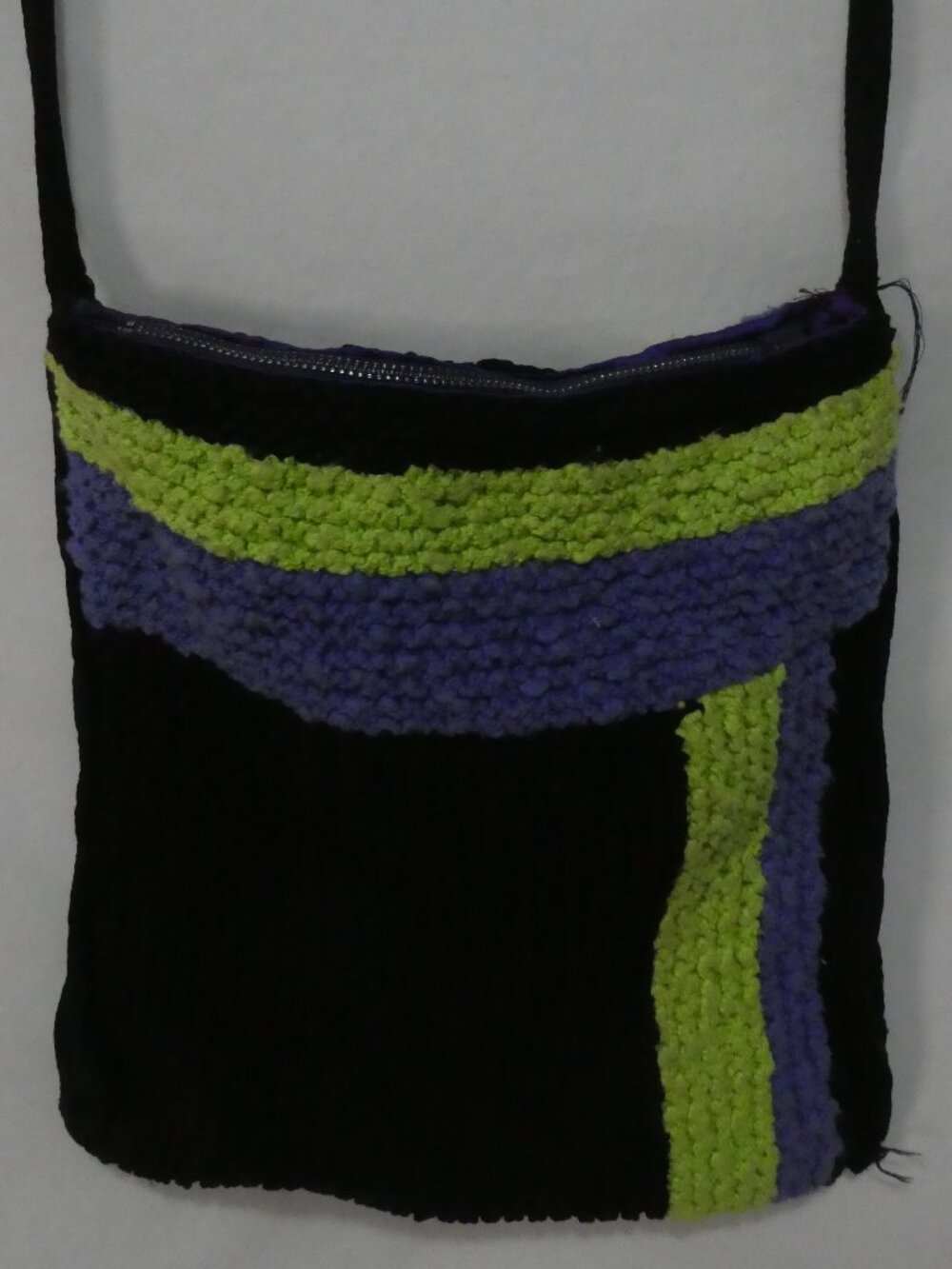 Handmade Crochet Crossbody Bag Black With Purple and Lime Green Stripes